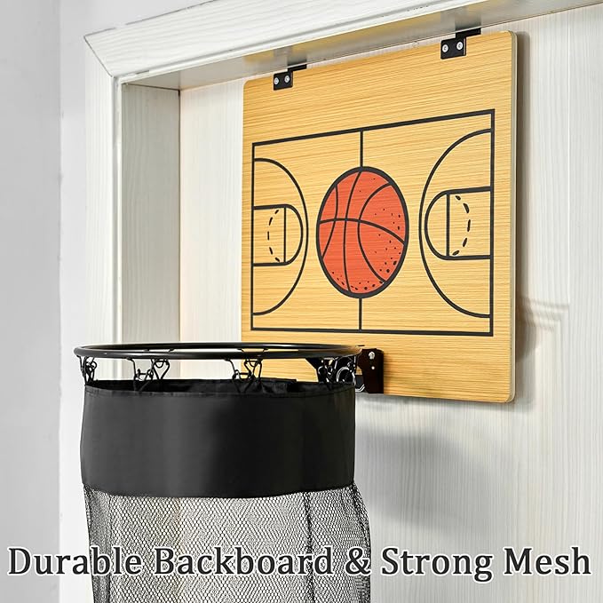 Oversized Basketball Laundry Hamper with Wooden Backboard – Over the Door Basketball Hoop Laundry Basket for Dirty Clothes, Boys Room Organizer & Fun Clothes Hamper (Wood)