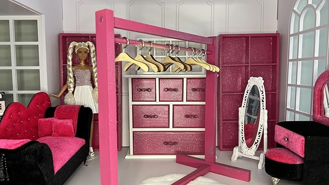 Eledoll DIY Dollhouse Furniture Clothes Hanger Rack Wooden Stand Wardrobe 1:6 Furniture with Hangers & Dressing Mirror for 11.5” 12” Fashion Doll Dress Form…