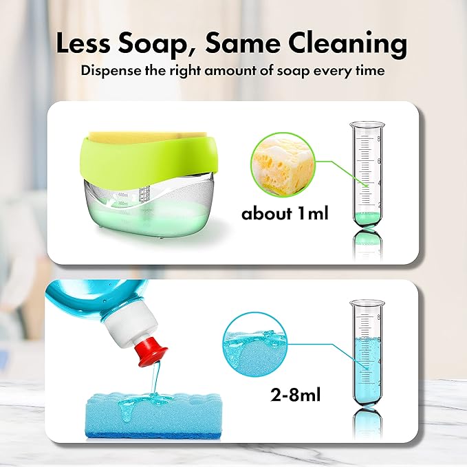 Dish Soap Dispenser with Sponge Holder for Kitchen Sink, 2 in 1 Soap Pump Dispenser Set, Useful Dishwashing Liquid Dispenser for Kitchen Countertop to Save Soap (Yellow)