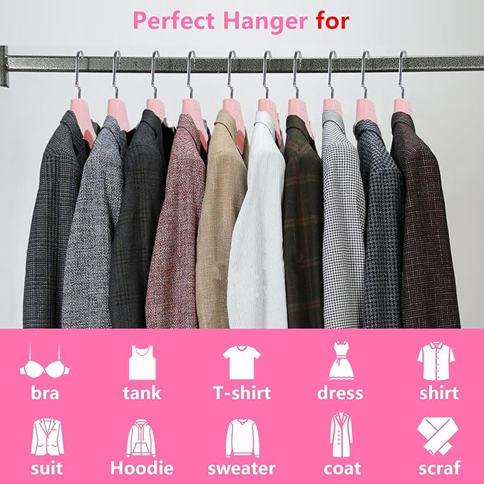 DEDU Suit Hangers for Men 20 Pack, Sweater Hangers No Shoulder Bump Non Slip Width 17.7", Plastic Clothes Hangers Pink with Metal Hook