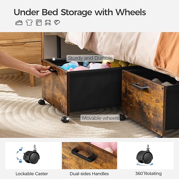 Under Bed Storage with Wheels, Wooden Under Bed Drawers On Wheels, Rolling Under Bed Shoe Storage, Space Saving, Rustic Brown,90L