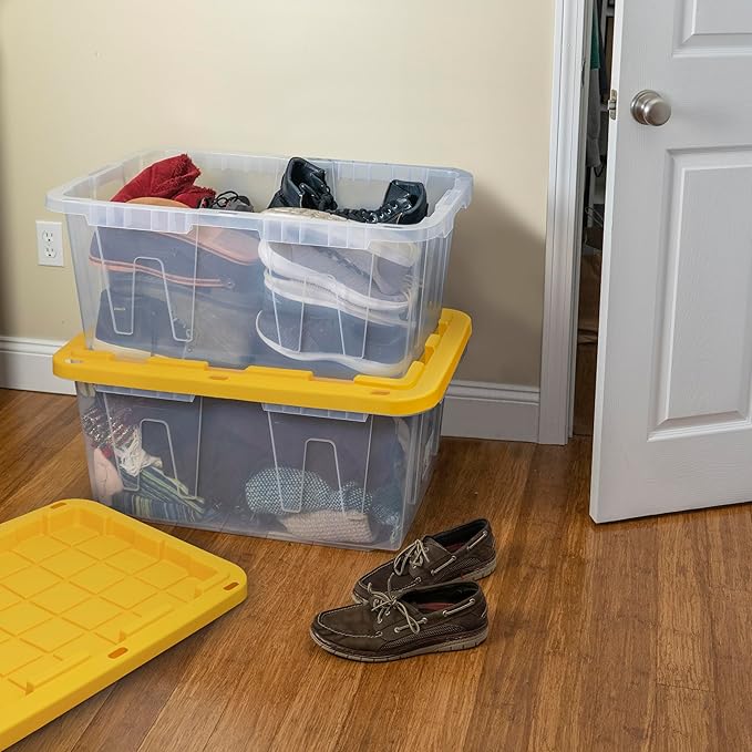 CX BLACK & YELLOW 27-Gallon Heavy Duty Clear Storage Bins with Lids, Stackable Plastic Storage Bins with Weather-Resistant Design, Home Organization, 2 Pack (14.3H x 20.6W x 30.6D)