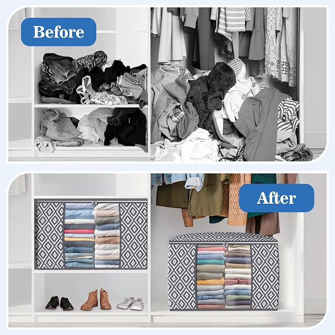 Direct 100L, 4 Pack, Storage Containers, Large Clothes Storage Bins Foldable Organization and Storage Bags with Reinforced Handle, Clear Window for Bedding, Blankets, Clothing, Grey