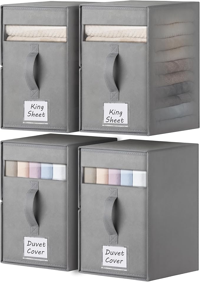4 Pack Large Bed Sheet Organizers and Storage, (King & Queen Size) Sheet Organizer for Linen Closet, Foldable Bedding Storage Box with Window for Bedsheets, Blanket, Duvet Cover and Pillowcase
