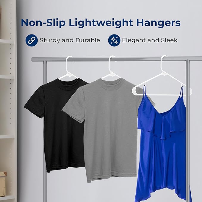 SereneLife White Plastic Hangers 150 Pcs, Durable Hanger Set with Slip Design, Tubular Hangers with 2 Integrated Strap Hooks, Mega Pack for Clothes