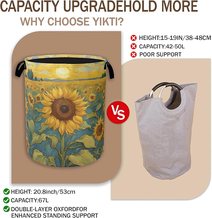 Retro Sunflower Field Laundry Basket,Rustic Farmhouse Clothes Hamper,Oxford Cloth Collapsible Nursery Hamper Storage Organization for Bedroom,Bathroom,Office,College Dorms,16x20 Inch