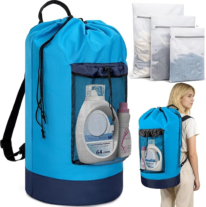 Laundry Bag Backpack with 3 Sizes Mesh Wash Bags and Shoulder Straps Foldable Clothes Hamper Bag with Drawstring Closure for College, Apartment, Laundromat (Blue)
