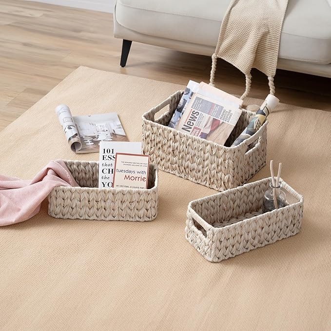GRANNY SAYS Wicker Baskets for Organizing, Wicker Storage Basket for Shelf, Woven Baskets Oraganizer, Waterproof Vanity Basket for Towel, Home Organization, 3-Pack