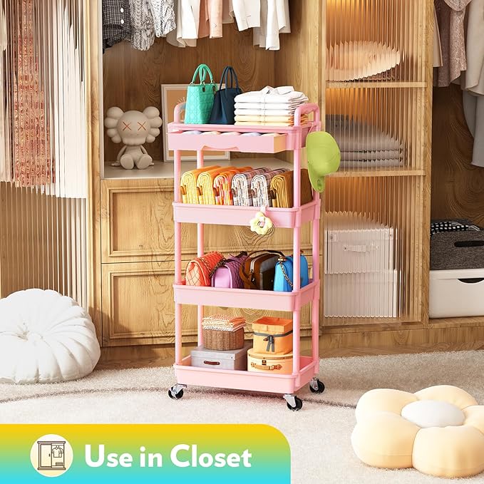 Makeup Cart Organizer with Drawers, 4 Tier Floor Skincare Organizers for Vanity, Rolling Makeup Bathroom Storage Cart Cosmetics Display Cases for Skin Care Perfume Nail Polish, Pink