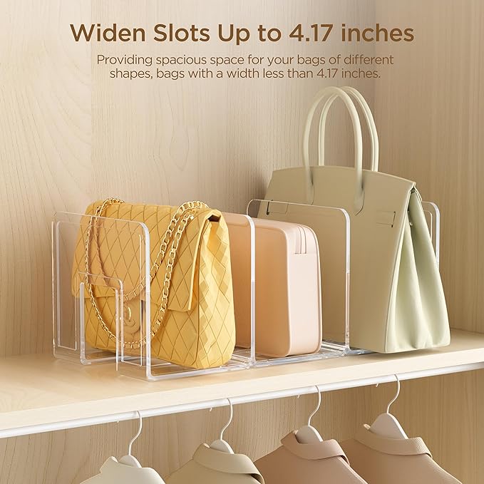 HBlife Purse Organizer for Closet, 3 Sections Widened Clear Handbag Storage Shelf Bag Organizer Acrylic Clutch Dividers for Closet Organizers and Storage, 4 Pack (Fits Up to 4.17 Inch Width Small Bag)