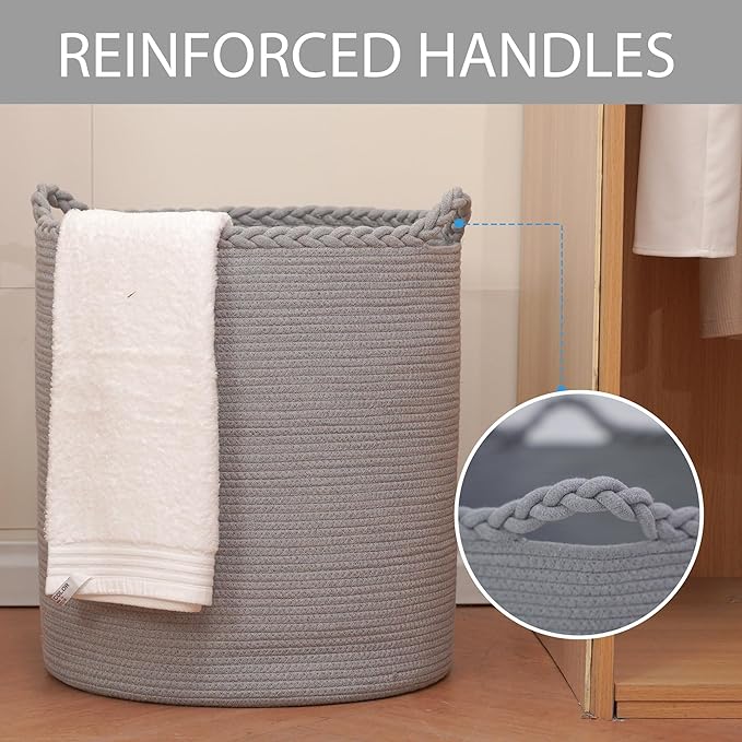 90L Oversize Woven Laundry Basket,Cotton Tall Laundry Hamper for Blankets,Clothes,Pillows,Toys,Shoes Large Laundry Bin Grey