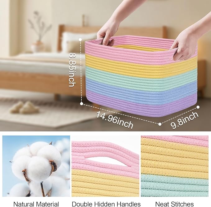 Baskets for Organizing,Storage Baskets,3 Pack Baskets for Shelfves,15"×10"×9" Woven Rainbow Basket,toy storage bins,bins for organization