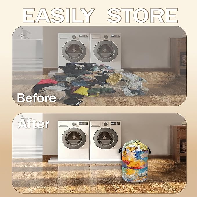 Sea Sunset Laundry Hamper,Abstract Oil Painting Clothes Hamper for Laundry,Waterproof Oxford Toy Storage Collapsible Hampers for Bedroom, Dorm Room,Bathroom,16x20 Inch