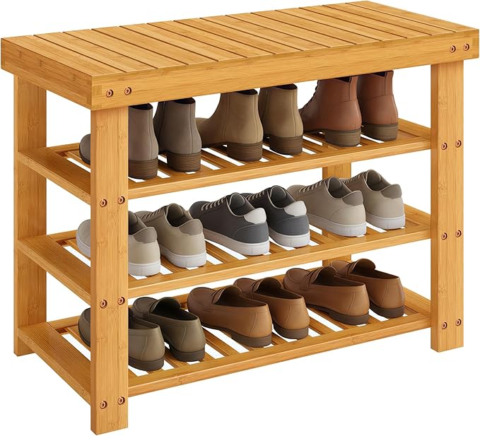 SONGMICS Shoe Rack Bench, 4 Tier Bamboo Shoe Storage Organizer, Entryway Bench, for Living Room, Bathroom, Bedroom, 11.3 x 27.6 x 20.5 Inches, Light Bamboo ULBS370YL01