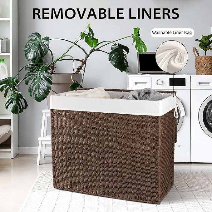 OIAHOMY Large Laundry Hamper with Lid, 35.7 Gal (140L) Wicker Hamper with Removable Liner Bag, Handwoven Clothes Basket with Handles, Foldable Paper Rope Basket for Laundry Room, Bedroom-Brown