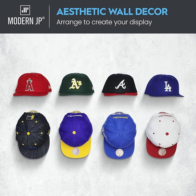Modern JP Adhesive Hat Hooks for Wall (32-Pack) - Hat Rack for Baseball Caps, Minimalist Hat Display, Strong Hold Hat Hangers for Wall - USA Patented, White