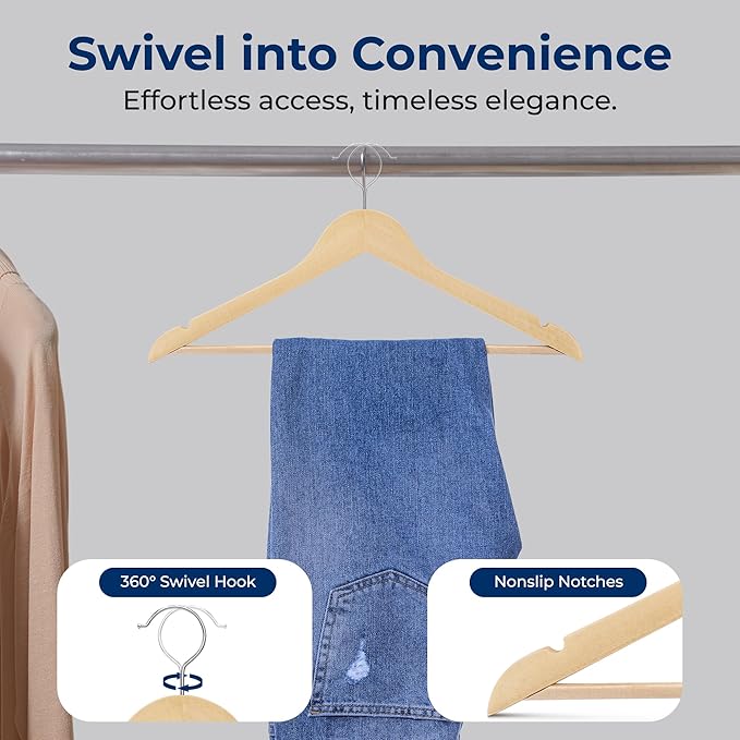 SereneLife 80-Piece Solid Wooden Hangers Set for Clothes – Heavy Duty Suit Coat Pant Dress Hangers with Chrome 360-Degree Swivel Hook and Notches Design for Organized Closets Natural Color