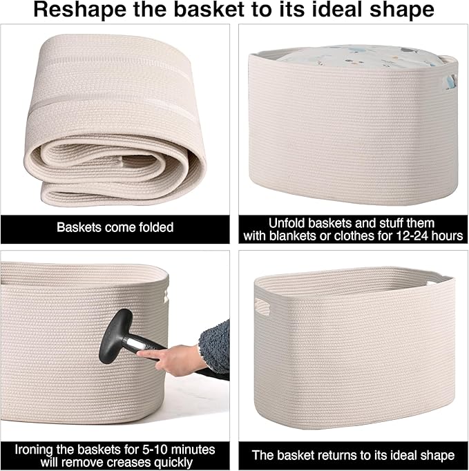 White Laundry Basket, Blanket Baskets for Living Room, Cotton Rope Baskets for Storage, Woven Basket for Blankets, Toys, Clothes, Shoes, White, 25”x16”x16” (105L)