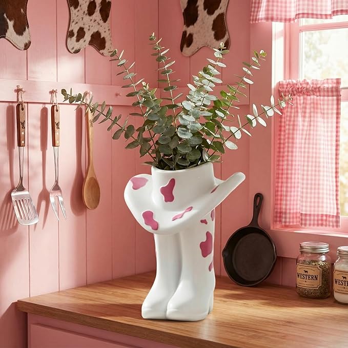Pink Cowgirl Boot Vase Centerpiece Boot Shape Boxes Decorations West Cowgirl Home Decor Western Country Accent Vase Hat Planter for Modern Aesthetic Room Wedding Decor