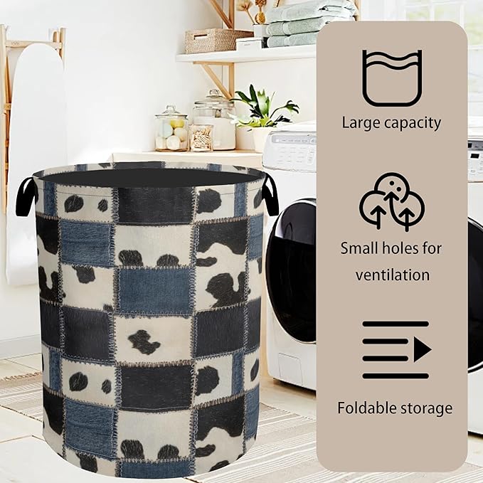Denim Patchwork Cow Print Large Clothes Hamper Bag - Laundry Basket with Handles, Space Saving Foldable Design for Nursery