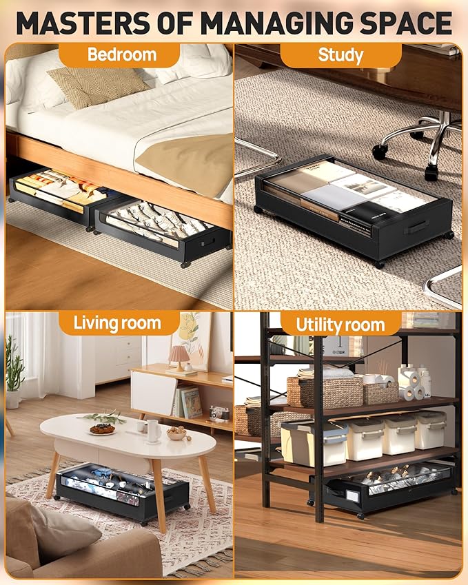 Underbed Storage with Wheels, Square Under Bed Storage Containers, 60L Under The Bed Storage, Rolling Under The Bed Storage Metal Drawer for Clothes, Blankets, Shoes...