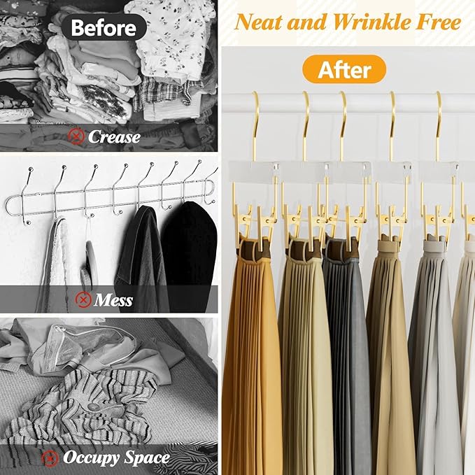 Acrylic Gold Pants Hangers 10 Pack for Trousers, Jeans, Coats, Heavy Duty Skirt Hangers for Women, Space-Saving Clothes Organizer with Non-Slip Adjustable Clips, Adults & Kids