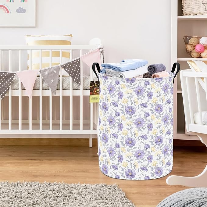 HUNRUNG Laundry Hamper,Large Canvas Fabric Lightweight Storage Basket Toy Organizer Dirty Clothes Collapsible Waterproof for College Dorms（Round-Purple Flowers）