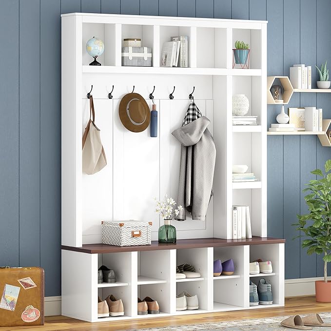 Farmhouse Style Hall Tree with 6 Hooks, Practical Walnut Storage Bench with Adjustable Shelves, Wooden 4-in-1 Entryway Shoe Cabinet with 13 Cubbies for Mudroom, Living Room (White+Walnut-8)