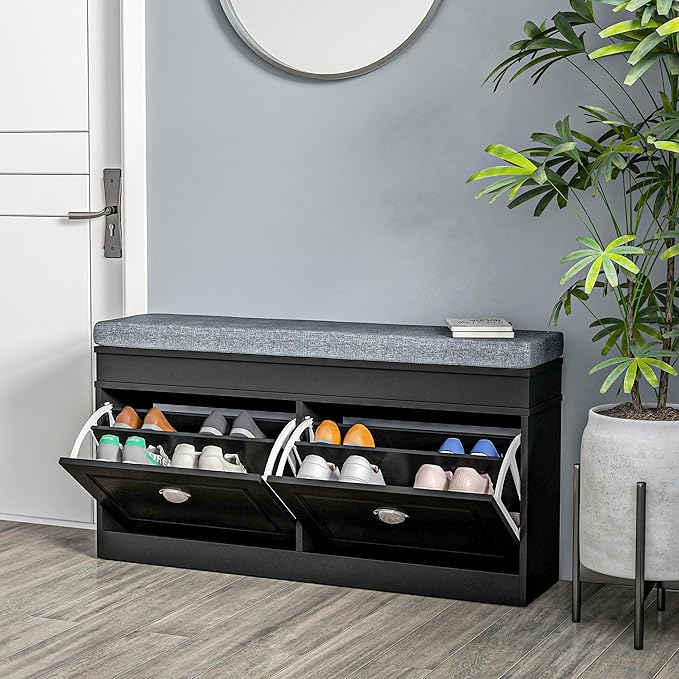 HOMCOM Modern Shoe Rack Bench for Entryway, Storage Organizer with Cushion, 2 Drawers, Adjustable Shelf, Holds 8 Pairs, Black