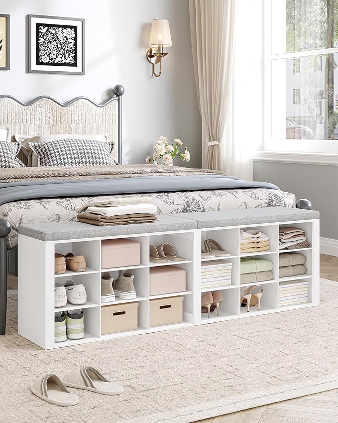 Shoe Storage Bench with Cushion, Entryway Storage Bench with 18 Cubbies, 9.5" Widened Organizer Cabinet, Long Cubby Rack for Living Room, Bedroom, Entryway, White SB25703GY
