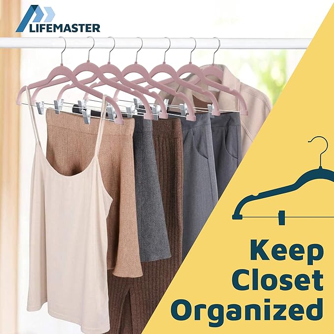 Lifemaster Velvet Pants Hangers – with Adjustable Clips, 360 Degree Swivel Hook, and Non-Slip Shoulder Notch, Holds Up to 10 lbs, for Organizing Skirt, Pants, Dress, and Clothes, Pack of 30, Pink