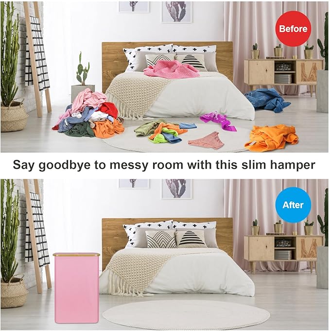 Pink Hamper Pink Laundry Basket - 60L Slim Laundry Hamper with Lid, Cute Hamper Girls Laundry Basket for Bedroom, Slim Girls Laundry Hamper with Bamboo Handle, Ideal for Valentine's Day Gift