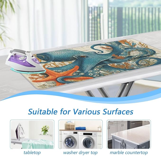 Ironing Mat Pad for Table Portable Travel Iron Blanket Ironing Board Covers Pressing Mat Heat Press Pads 27.6x47.2 Inches Retro Octopus Starfish Map Beige34