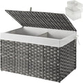GREENSTELL Storage Basket with Lid, 27.7 Gallon(105L) Lagre Wicker Blanket Storage Basket with Handles, Foldable, 2 Removable Liner Bags, Metal Frame, for Bedroom, Laundry Room, Grey,25.6"*15.7"*15.7"