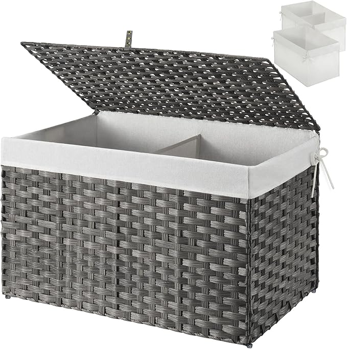 GREENSTELL Storage Basket with Lid, 17.2 Gallon(65L) Small Wicker Blanket Storage Basket with Handles, Foldable, 2 Removable Liner Bags, Metal Frame, for Bedroom, Laundry Room, Grey, 22.2"*13.4"*13.4"