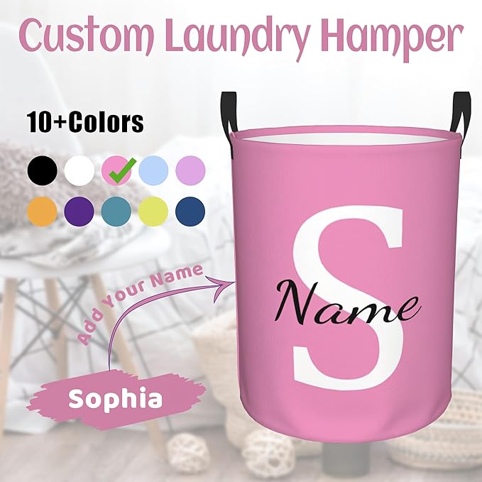 Custom Name Laundry Hamper, Personalized Laundry Basket with Name, Customized Dirty Clothes Storage Basket with Handles for Boys Girls Men Women Bathroom Bedroom(M)