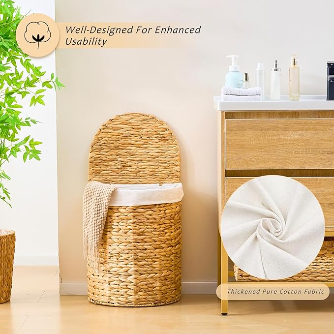 Half Round Wicker Laundry Hamper with Lid and 2 Removable Liner Bags, Handwoven Natural Water Hyacinth Laundry Basket for Dirty Clothes, Natural