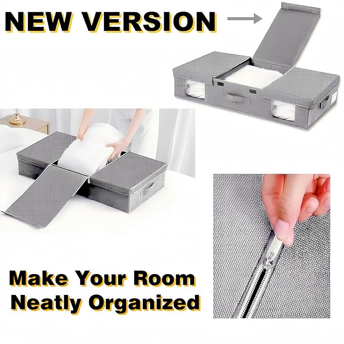 Under the Bed Storage Containers Bin with Lids, 2 pack Large Underbed Storage Organizer Box 6 Inch High with Clear Window and Zipper, Foldable Under Bed Must Haves for Clothes, Blankets, Shoes-Grey…
