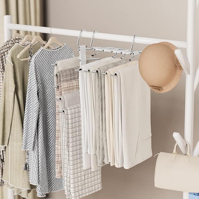 4 Pack Pants Hangers Space Saving, Anti-Slip Multi-Functional Pants Rack, Thickened Stainless Steel Tube Two Hanging Modes Suitable for Jeans Trousers Skirts Scarf-White