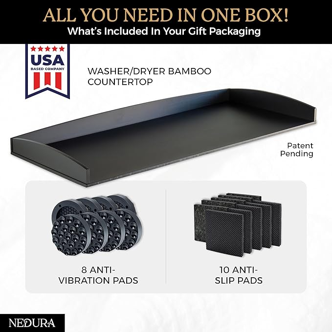 Nedura Washer Dryer Countertop w/Anti-Vibration Pads & Curved Edge Rails, Premium Bamboo Laundry Countertop, Washer Dryer Topper, Laundry Room Organization, Laundry Accessory, Designed in USA - Black