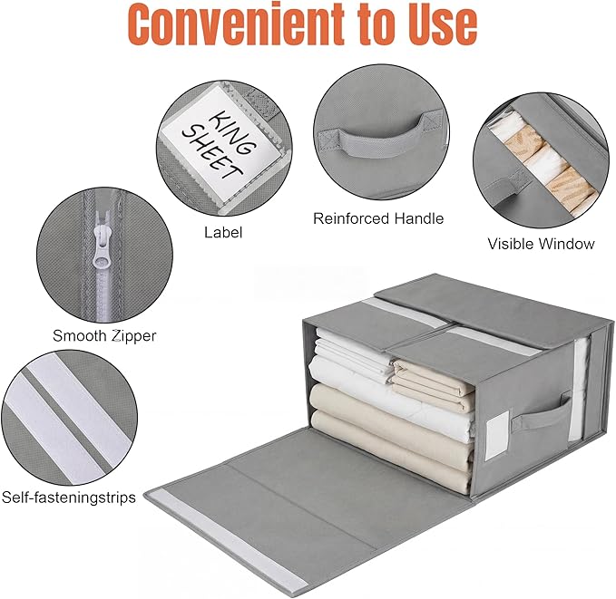 4 Pack Large Bed Sheet Organizers and Storage, (King & Queen Size) Sheet Organizer for Linen Closet, Foldable Bedding Storage Box with Window for Bedsheets, Blanket, Duvet Cover and Pillowcase