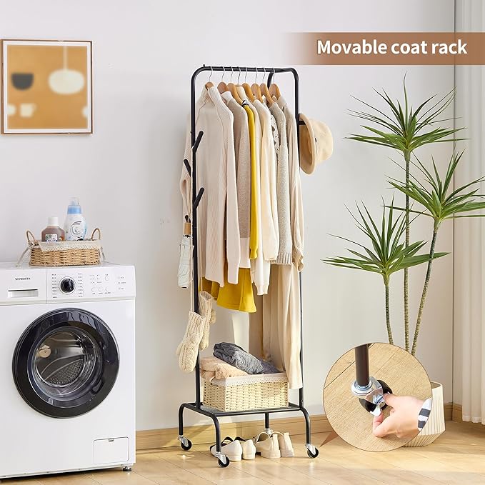 FILWH Rolling Coat Rack with Storage Shelf Freestanding Coat Rack Hall Tree with 6 Hooks for Entryway, Bedroom Metal Clothes Hanger Stand for Hats, Jackets, Bags,Shoes (Black, Single-layer)