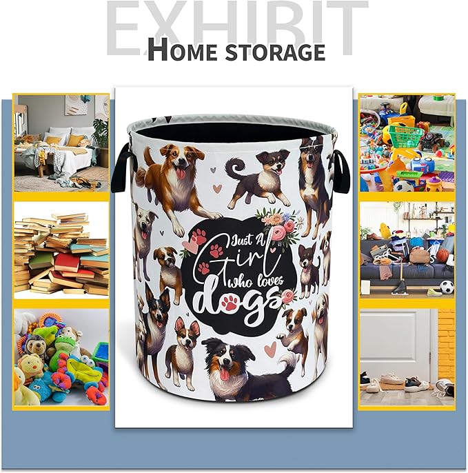 Dog Laundry Basket Puppy Lovers Foldable Waterproof Oxford Cloth Funny Tote Bag Laundry Hamper Clothes Storage Bucket Toy Organizer For Bathroom/Laundry Storage/Bedroom 18.9x16.5 Inch