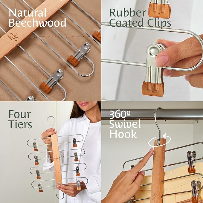 HANGSAGE Skirts Hangers, 2-Pack Space-Saving Beechwood & Metal Skirt Holder, 4 Tiers, 360° Swivel Hook & Adjustable Multi-Clip Design, Elegant Closet & Wardrobe Organizer