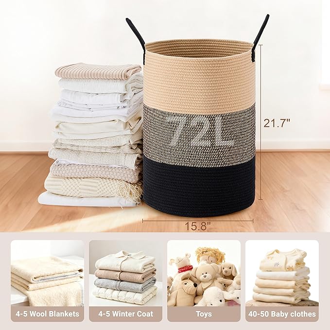 Tall Laundry Basket with Handles, 72L Portable Dirty Clothes Hamper, Boho Cotton Rope Storage Bin for Blankets Kids Toys Gifts, Large Organizer for Baby Nursery Bedroom Bathroom, Brown & Black