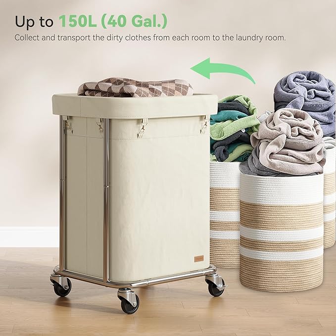 Laundry Basket with Wheels 150L/40Gal, Rolling Laundry Hamper with Steel Fram and Removable Washing Bag,Laundry Sorter Cart for Laundry Room,Hotel,Dorm,Cream and Silver
