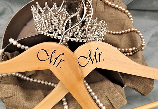 NAHANCO MRMR20017WB Same Sex, Gay Pride Hanger Set, Natural Wood Hangers with Black Imprint (Mr. and Mr.), 17” (2-Piece Set)