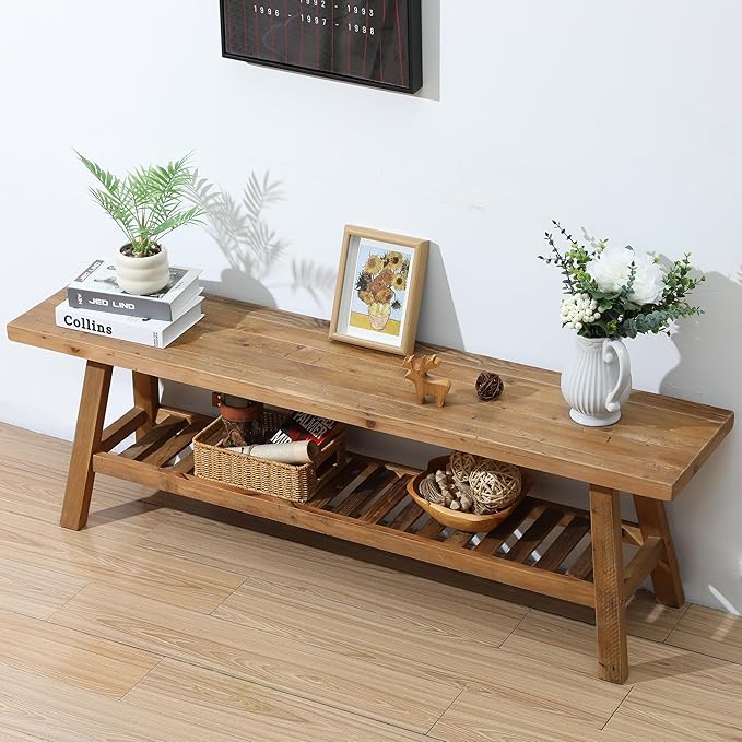 Reclaimed Solid Wood Bench-55 Inches Farmhouse Entryway Bench with Storage Shelf, Narrow Rustic Bench for Hallway, Kitchen, Bedroom, Dining
