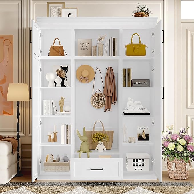 85.2''H Hall Tree with Bench and 3 Hooks, Modern Large Hall Tree with 5 Drawers and Adjustable Shelves, Entryway Storage Organizer Cabinet with 4 Doors for Hallway, Living Room (White/509)