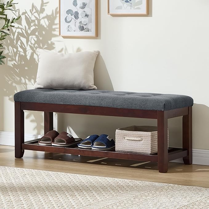 Shoe Bench Entryway, 44" End of Bed Bench,Upholstered Linen Bench for Living Room,Fabric Ottoman Bench with Solid Wood Shelf for Bedroom, Entrance Darkgrey